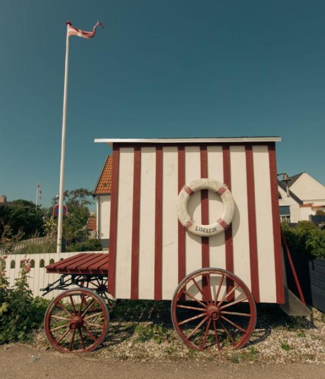 A bathing wagon stands on a street corner in Liseleje, North Zealand, Denmark.